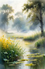 Meadow with Morning Mist and Glistening Dew on Spiderwebs at Sunrise