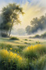 Meadow with Morning Mist and Glistening Dew on Spiderwebs at Sunrise