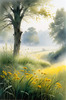 Meadow with Morning Mist and Glistening Dew on Spiderwebs at Sunrise