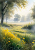 Meadow with Morning Mist and Glistening Dew on Spiderwebs at Sunrise