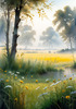 Meadow with Morning Mist and Glistening Dew on Spiderwebs at Sunrise