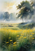 Meadow with Morning Mist and Glistening Dew on Spiderwebs at Sunrise