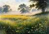 Meadow with Morning Mist and Glistening Dew on Spiderwebs at Sunrise