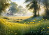 Meadow with Morning Mist and Glistening Dew on Spiderwebs at Sunrise