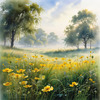 Meadow with Morning Mist and Glistening Dew on Spiderwebs at Sunrise