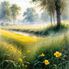 Meadow with Morning Mist and Glistening Dew on Spiderwebs at Sunrise