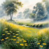 Meadow with Morning Mist and Glistening Dew on Spiderwebs at Sunrise