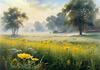 Meadow with Morning Mist and Glistening Dew on Spiderwebs at Sunrise