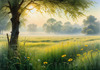 Meadow with Morning Mist and Glistening Dew on Spiderwebs at Sunrise
