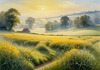 Meadow with Morning Mist and Glistening Dew on Spiderwebs at Sunrise