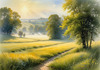 Meadow with Morning Mist and Glistening Dew on Spiderwebs at Sunrise