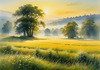 Meadow with Morning Mist and Glistening Dew on Spiderwebs at Sunrise