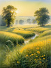 Meadow with Morning Mist and Glistening Dew on Spiderwebs at Sunrise