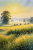 Meadow with Morning Mist and Glistening Dew on Spiderwebs at Sunrise
