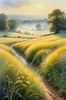 Meadow with Morning Mist and Glistening Dew on Spiderwebs at Sunrise