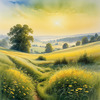 Meadow with Morning Mist and Glistening Dew on Spiderwebs at Sunrise
