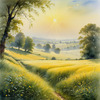 Meadow with Morning Mist and Glistening Dew on Spiderwebs at Sunrise