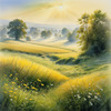 Meadow with Morning Mist and Glistening Dew on Spiderwebs at Sunrise