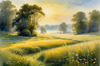 Meadow with Morning Mist and Glistening Dew on Spiderwebs at Sunrise