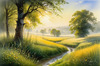 Meadow with Morning Mist and Glistening Dew on Spiderwebs at Sunrise