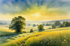 Meadow with Morning Mist and Glistening Dew on Spiderwebs at Sunrise