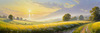 Meadow with Morning Mist and Glistening Dew on Spiderwebs at Sunrise