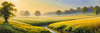 Meadow with Morning Mist and Glistening Dew on Spiderwebs at Sunrise