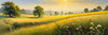 Meadow with Morning Mist and Glistening Dew on Spiderwebs at Sunrise