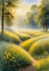 Meadow with Morning Mist and Glistening Dew on Spiderwebs at Sunrise