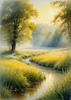 Meadow with Morning Mist and Glistening Dew on Spiderwebs at Sunrise