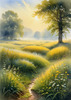 Meadow with Morning Mist and Glistening Dew on Spiderwebs at Sunrise