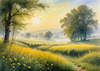 Meadow with Morning Mist and Glistening Dew on Spiderwebs at Sunrise