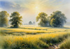Meadow with Morning Mist and Glistening Dew on Spiderwebs at Sunrise