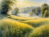 Meadow with Morning Mist and Glistening Dew on Spiderwebs at Sunrise