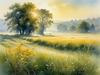 Meadow with Morning Mist and Glistening Dew on Spiderwebs at Sunrise