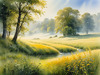 Meadow with Morning Mist and Glistening Dew on Spiderwebs at Sunrise