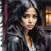 Printable Art of a Moody Emo Girl with Dark Hair and Black Nail Polish by a Rainy Window