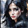 Printable Art of a Moody Emo Girl with Dark Hair and Black Nail Polish by a Rainy Window