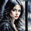 Printable Art of a Moody Emo Girl with Dark Hair and Black Nail Polish by a Rainy Window