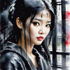 Printable Art of a Moody Emo Girl with Dark Hair and Black Nail Polish by a Rainy Window