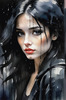 Printable Art of a Moody Emo Girl with Dark Hair and Black Nail Polish by a Rainy Window