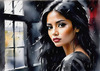 Printable Art of a Moody Emo Girl with Dark Hair and Black Nail Polish by a Rainy Window