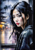 Printable Art of a Moody Emo Girl with Dark Hair and Black Nail Polish by a Rainy Window