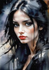 Printable Art of a Moody Emo Girl with Dark Hair and Black Nail Polish by a Rainy Window