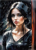 Printable Art of a Moody Emo Girl with Dark Hair and Black Nail Polish by a Rainy Window
