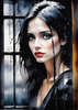 Printable Art of a Moody Emo Girl with Dark Hair and Black Nail Polish by a Rainy Window