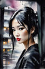 Printable Art of a Moody Emo Girl with Dark Hair and Black Nail Polish by a Rainy Window