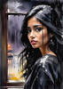 Printable Art of a Moody Emo Girl with Dark Hair and Black Nail Polish by a Rainy Window