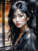 Printable Art of a Moody Emo Girl with Dark Hair and Black Nail Polish by a Rainy Window