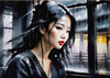 Printable Art of a Moody Emo Girl with Dark Hair and Black Nail Polish by a Rainy Window